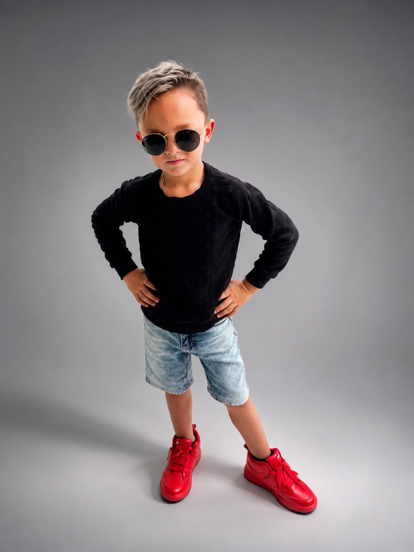 Casual look — black sweater, denim shorts and red sneakers with sunglasses